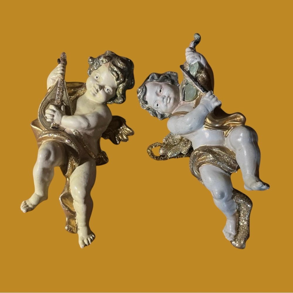 MCM LARGE Musical Painted Glittered Gold Celluloid Mold Cherub Angels